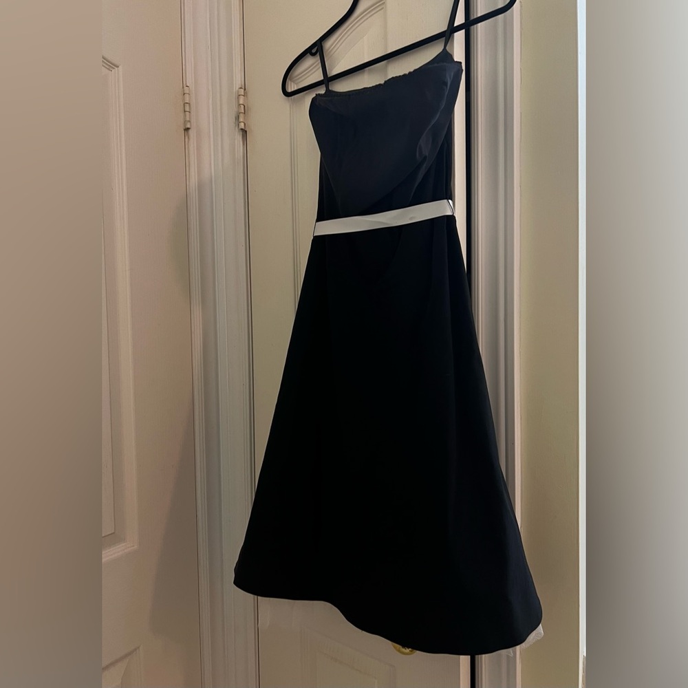 Le Chateau Black Strapless A-line Cocktail Dress with White Ribbon Tie